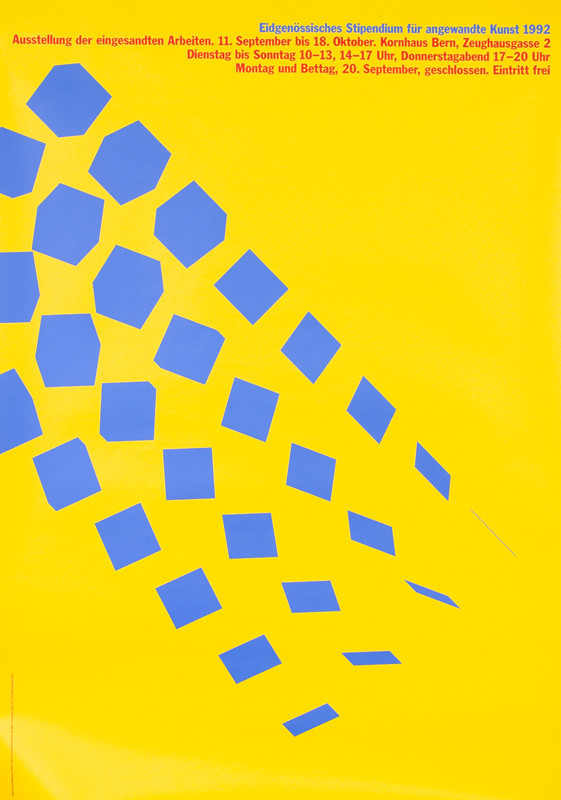 Various geometric shapes diagonally across background; yellow, blue, red