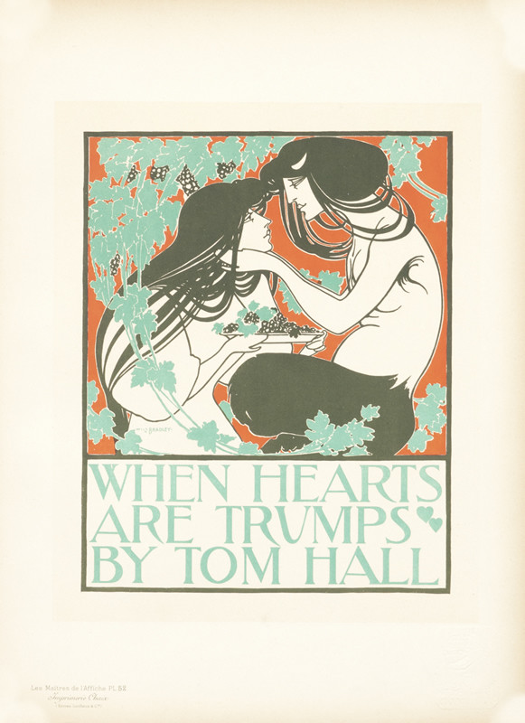 Nymph and satyr look into each other's eyes; red, green