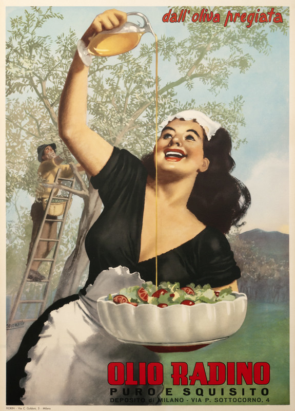 WOMAN OILS SALAD; RED, BLUE, GREEN