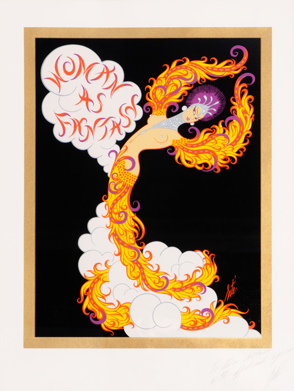 Woman in feathery costume; black, gold, orange, purple