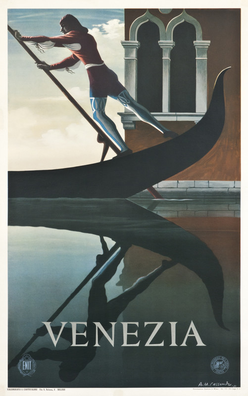 Gondolier glides his gondola down canal; green, red