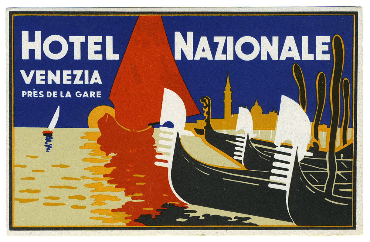 Gondolas lined up, outline of Venice, water, sailboat; red, blue, orange, white, black