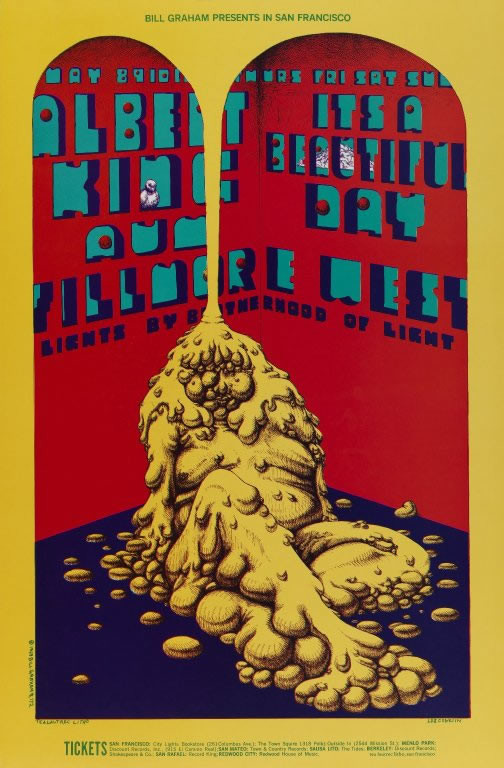 No. 172, yellow goop dripping from ceiling to form a human figure, Aum, It's a Beautiful Day; yellow, purple, red