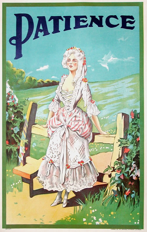 Woman in 18th century dress leans against fence; blue, green, yellow, pastel
