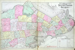 Map of Boston and Roxbury, Back Bay, Charles River, Fort Point Channel; pink, green, yellow