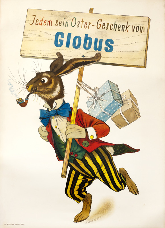 Fashionable rabbit wearing a suit and tie running with sign; red, blue, beige, brown