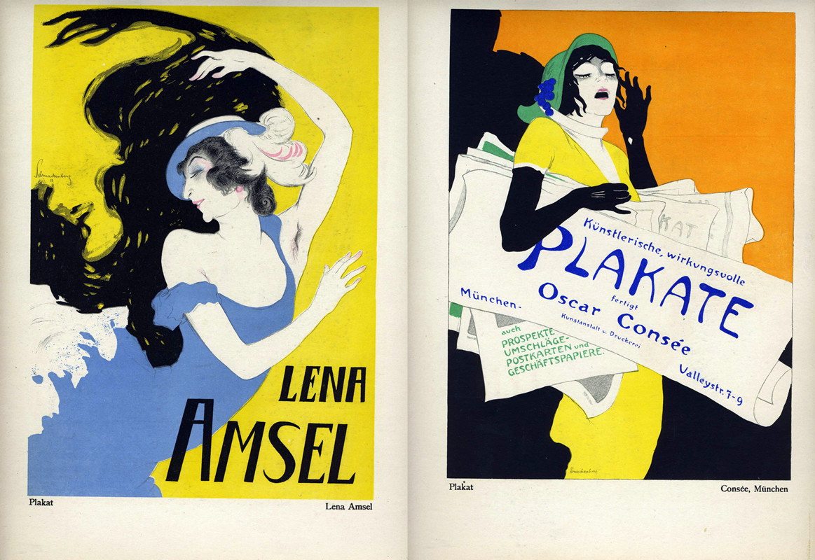 Lena Amsel in feathered hat, dancing/Woman shouting, selling posters in the street like newspapers; orange, yellow, black, blue