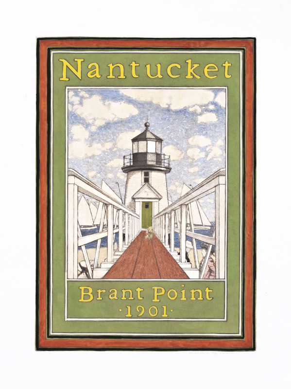 View of Brant Point lighthouse on Nantucket, dog; green, red, black