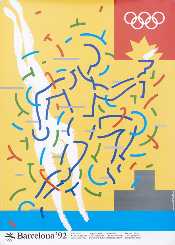 abstract diver, torchbearer; blue, gray, green, red, b/w
