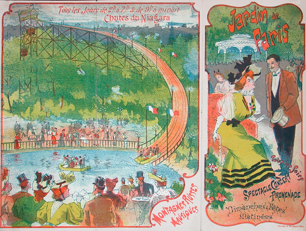 Trifold, water chute, man and woman in yellow dress; green, orange