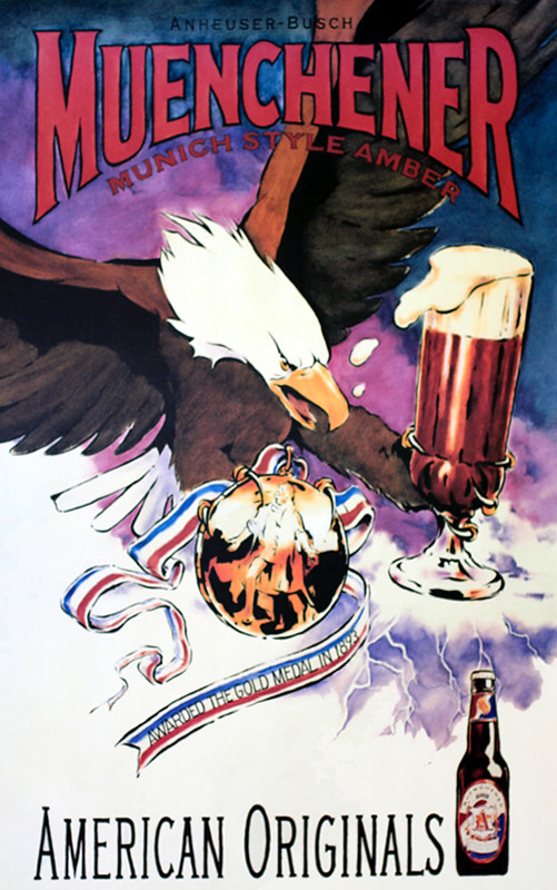 Bald eagle grasps gold medal and glass of beer; blue, brown red