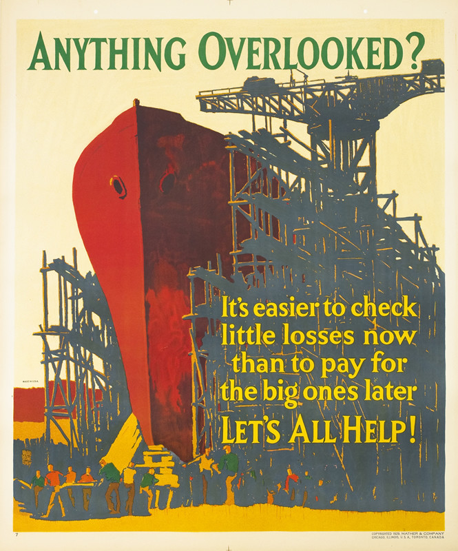 Ocean liner under being built in a ship yard; red, blue, yellow