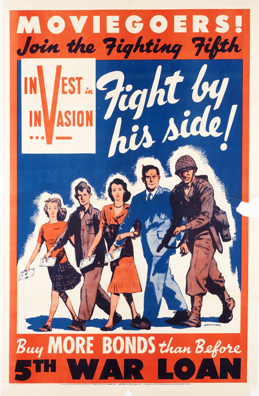 Soldier and line of men and women holding war bonds; blue, red, white