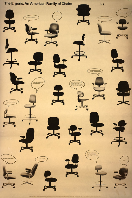 Herman Miller office chairs talking to each other via cartoon bubbles; brown, black, white