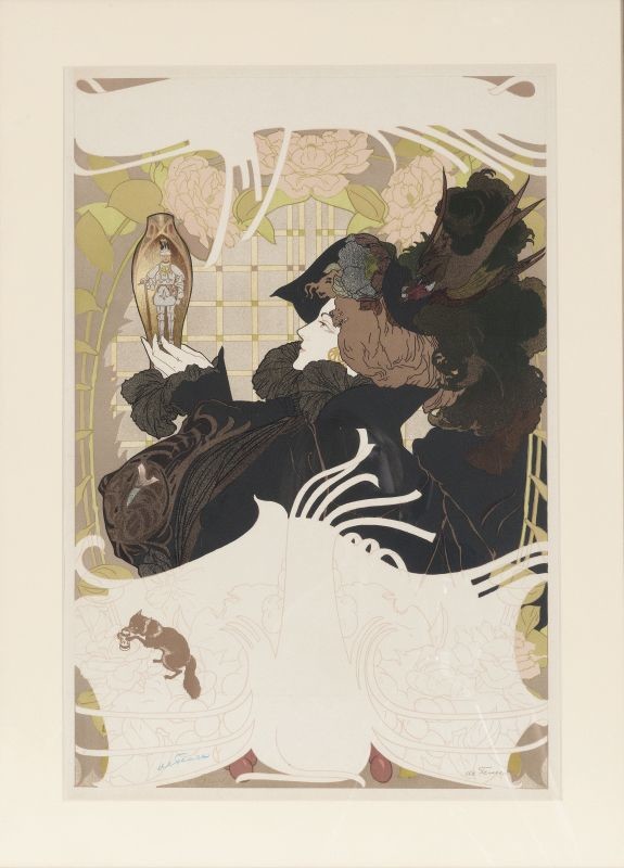 Woman looks at vase; brown, green, black