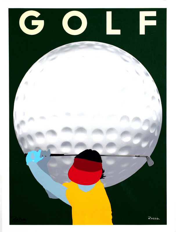 man swinging club w/ huge golf ball behind; green, white, red