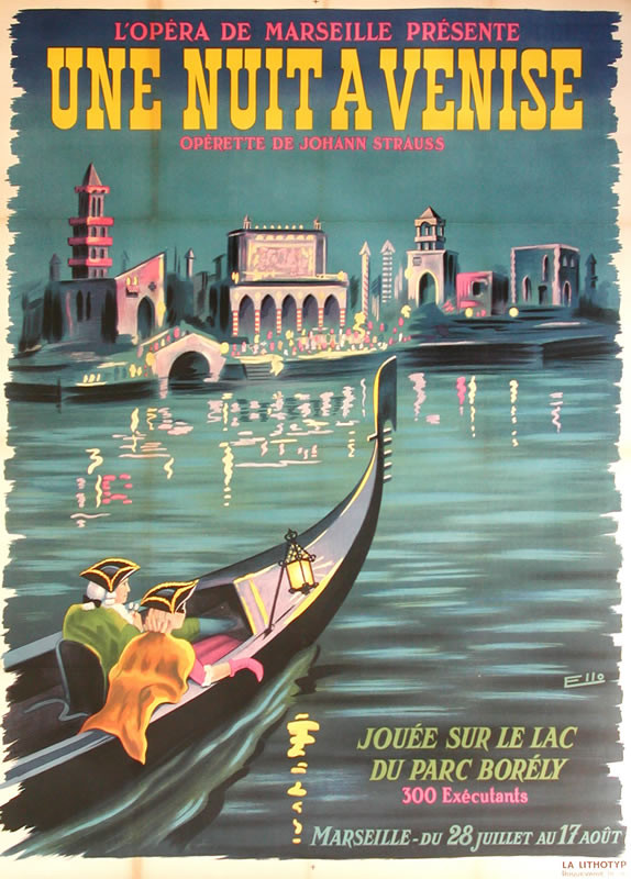 Masked nobles in gondola in Venice; blue, pink, yellow, gray