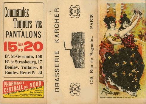 Trifold, women help each other dress; red, black, yellow