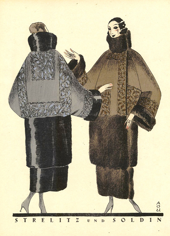 Fashionably attired women in winter coats; black, brown, silver