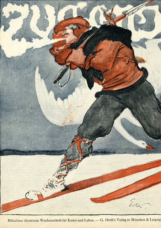 Cross-country skier holds speared swan, blows breath to form words; blue, red, white
