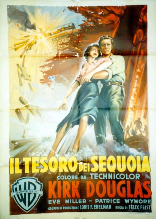 Kirk Douglas, woman, train explosion, fire, guns, water; yellow, blue
Warner Brothers