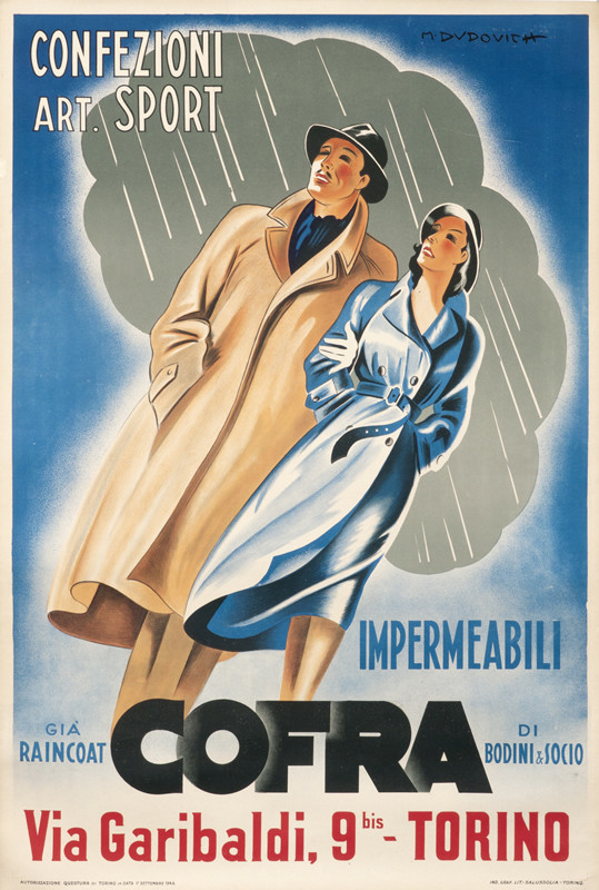 Man & woman walking in rain; blue, gray, beige