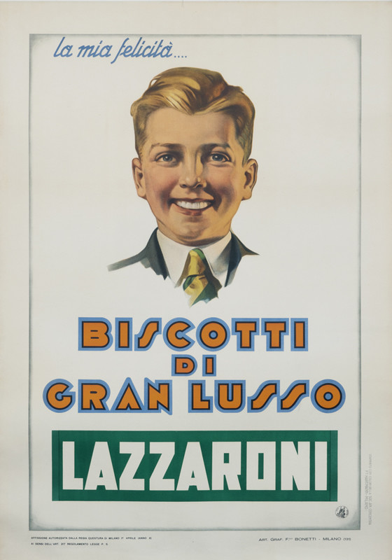 Head of a smiling youth with text; white, blue, orange, green
