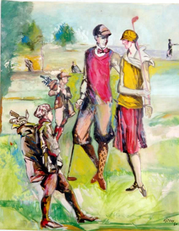 Male and female golfers with two young caddies; green, red, yellow