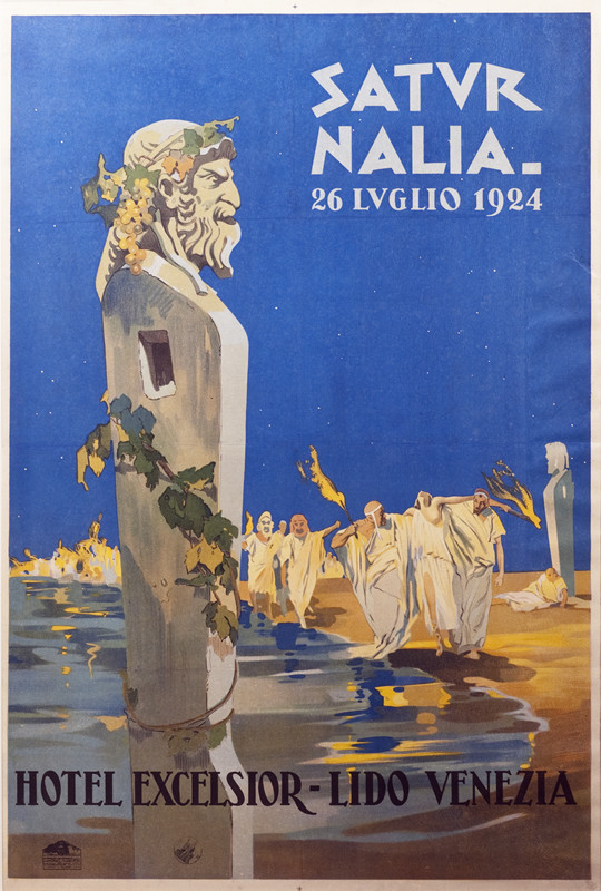 Drunken revelers in togas and masks walk on beach past bust of Saturn; blue, yellow, orange
