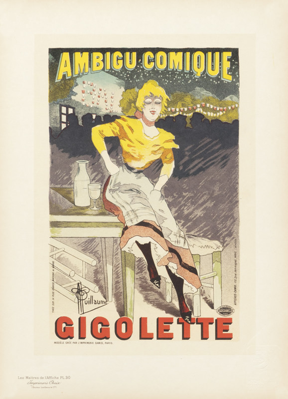 Woman hikes up her dress; gray, red, yellow, green, pastel