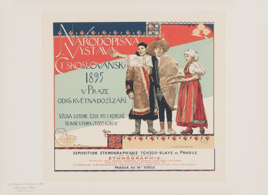 3 Czechs in costume; ethnographic exhibition of language, people, song, dance; red, blue, turquoise