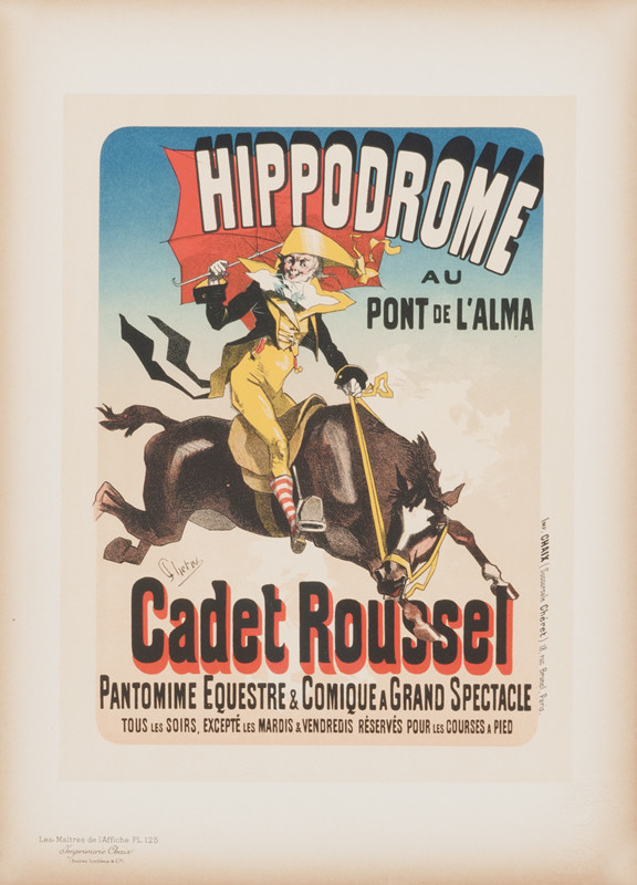 Creepy man on bucking horse; black, red, blue, brown