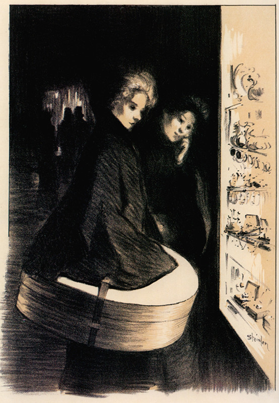 Two women shopping at night holding hatbox; black
