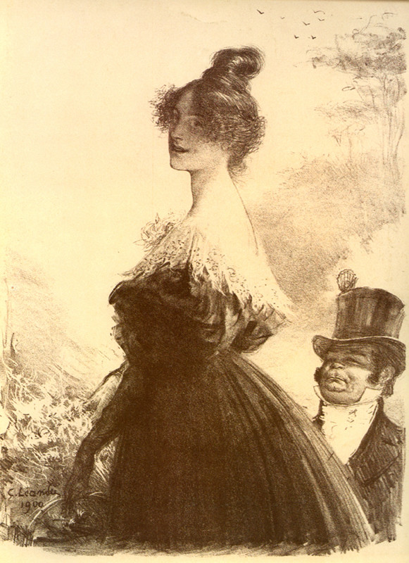 Woman with short coachman in back; gray