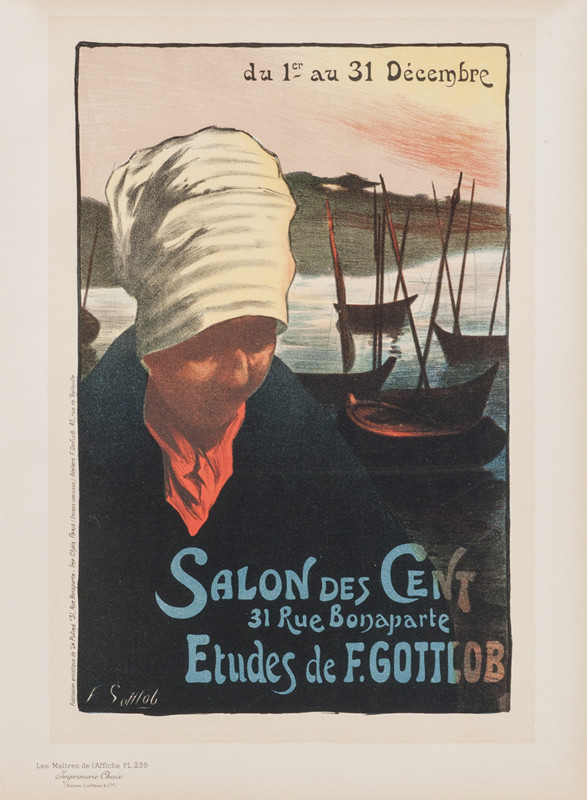 Woman in head scarf, boats behind; red, blue, yellow