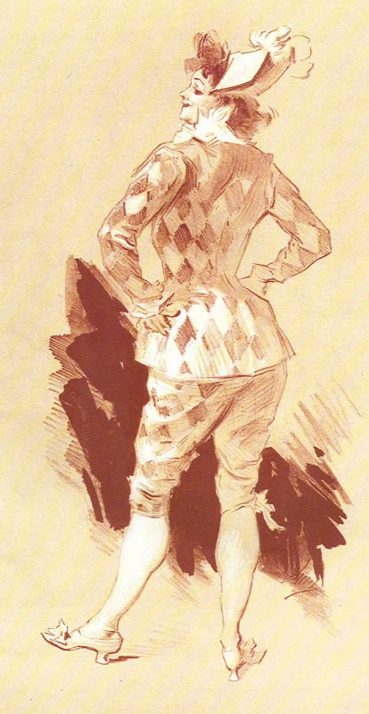 clown stands with back turned; sepia, white