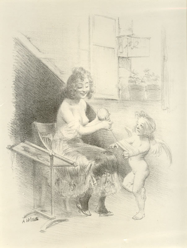 Angel squirms as woman rolls ball of yarn; black, white