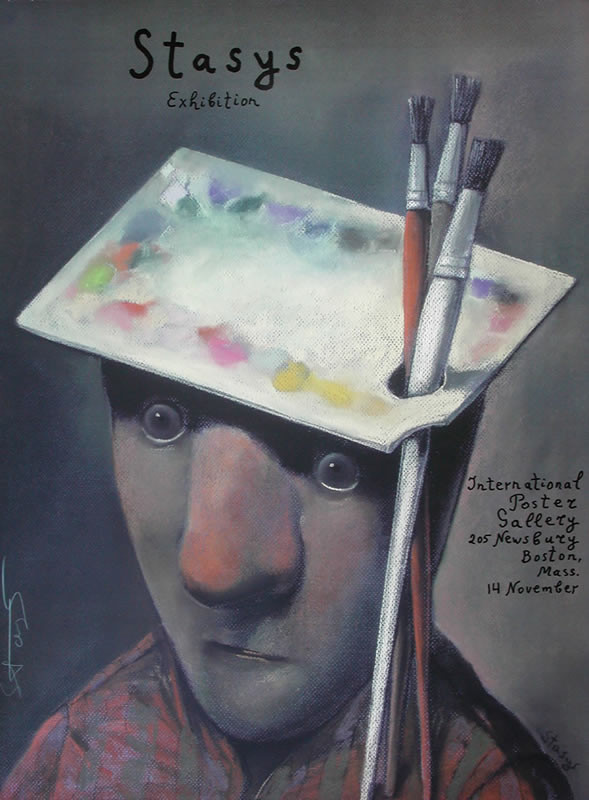 Artist with painter's palette planted on his head; gray, red, yellow