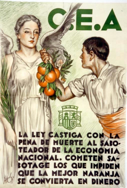 Man offers oranges to winged allegorical figure of the law