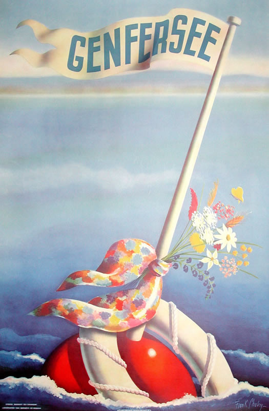 Bouy with flag, scarf, life ring, and flowers; blue, yellow, white