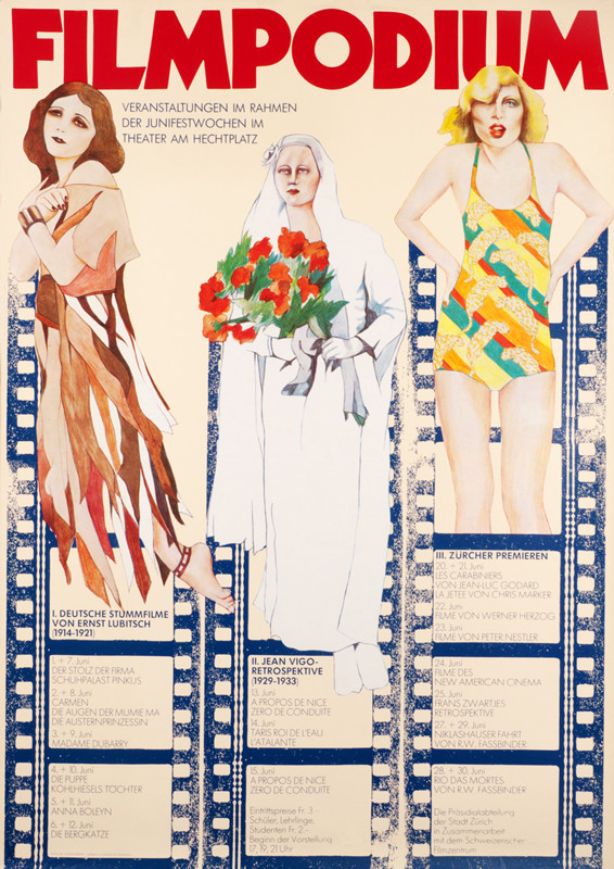 3 ERAS OF FILM, EACH W/ WOMAN REPRESENTING; TAN, BLUE, RED