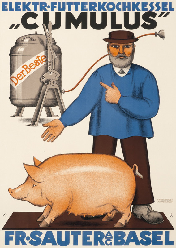 Man motioning to a pig with machinery in background; blue, black, white, brown