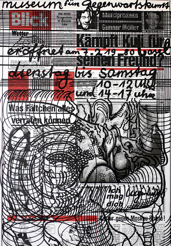 Newsprint with scribbles and drawings; black, white
