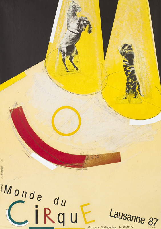 Horse and tiger in circus rings; yellow
