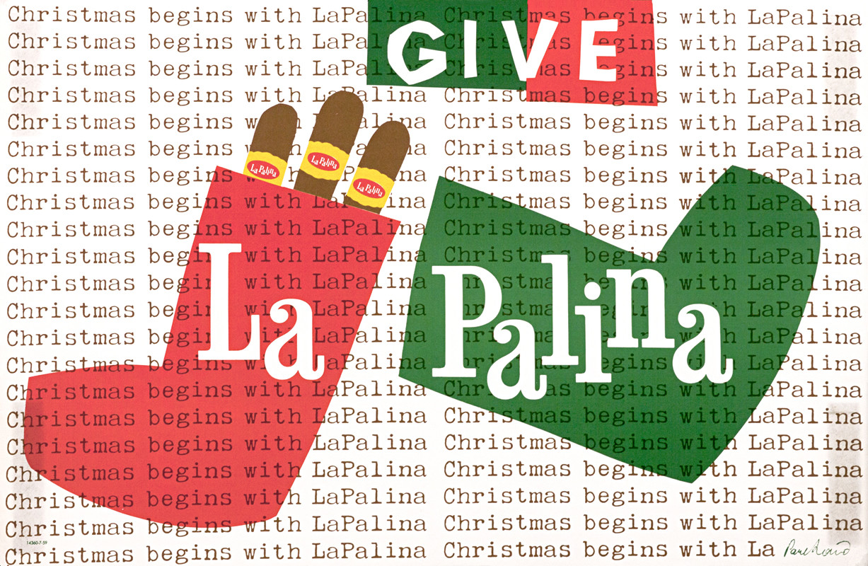 Cigars in a stocking with text behind; white, brown, red, green