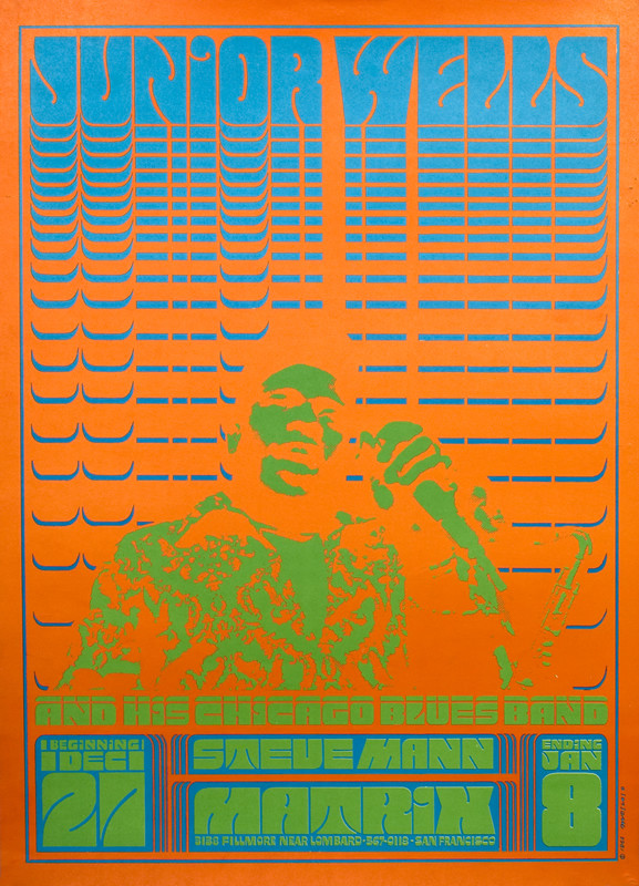 Psychedelic rendering of Junior Wells singing with saxophone; orange, blue, green
