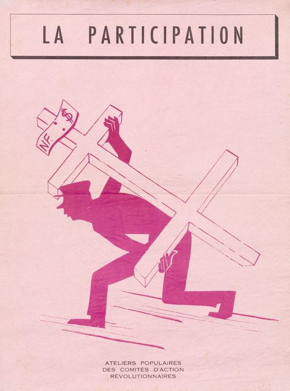 Man carries cross with new franc & dollar signs; pink, red