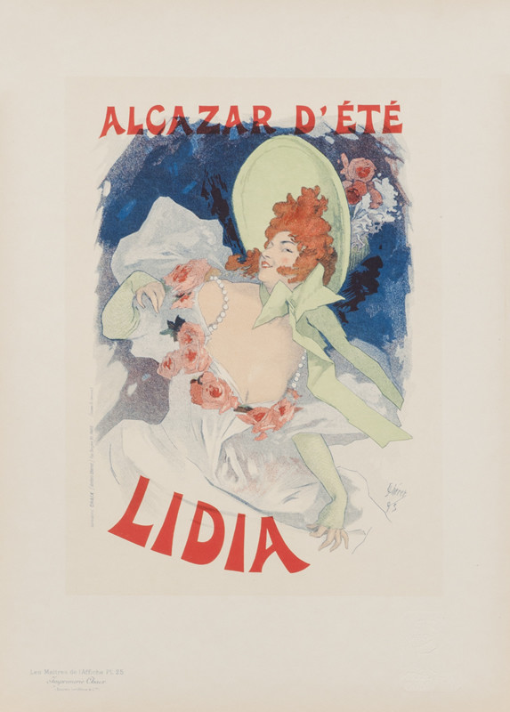 Woman in frilly dress and big bonnet; blue, red, green, gray