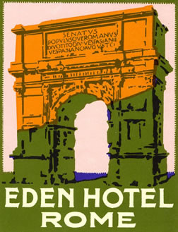 Roman archway with shadows from the sunset; green, orange and pink