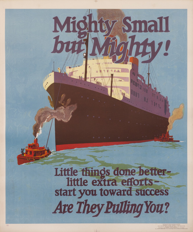 Small steam boats cruise alongside a giant ocean liner; blue, purple, red